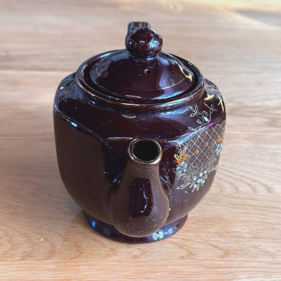 Moriage Style Ceramic Redware Teapot, Brown Flora, Vintage Pre-War Japan - Picture 5 of 16
